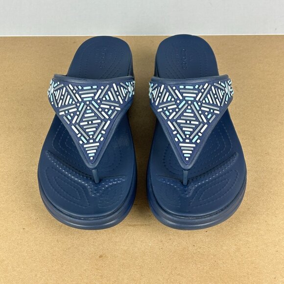 Crocs Monterey Wedge Toe Post Sandals Womens 10 Navy Blue White Casual - Picture 2 of 11